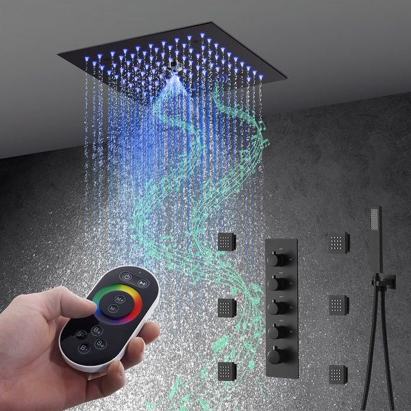 Cascada Luxury 12” Music LED shower system with built-in Bluetooth Speakers, 4 functions (Rainfall, Misty, Body jets & HandShower) & Remote Control 64 Color Lights cascada system LED bluetooth shower head speaker hot cold music rain rainfall musical lights showerhead body spray jet waterfall misty ceiling mounted handheld high pressure multicolor holder thermostatic chrome oil rubbed bronze mixer remote control