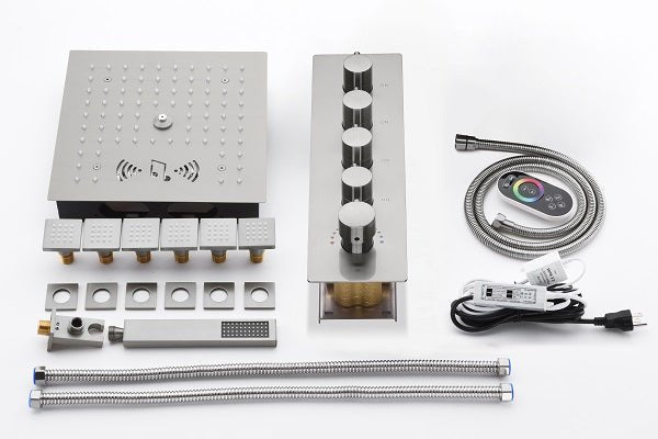 Cascada Luxury 12” Music LED shower system with built-in Bluetooth Speakers, 4 functions (Rainfall, Misty, Body jets & HandShower) & Remote Control 64 Color Lights cascada system LED bluetooth shower head speaker hot cold music rain rainfall musical lights showerhead body spray jet waterfall misty ceiling mounted handheld high pressure multicolor holder thermostatic chrome oil rubbed bronze mixer remote control