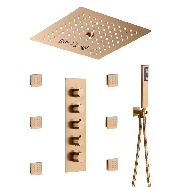 Cascada Luxury 12β Music LED shower system with built-in Bluetooth Speakers, 4 functions (Rainfall, Misty, Body jets & HandShower) & Remote Control 64 Color Lights cascada system LED bluetooth shower head speaker hot cold music rain rainfall musical lights showerhead body spray jet waterfall misty ceiling mounted handheld high pressure multicolor holder thermostatic chrome oil rubbed bronze mixer remote control