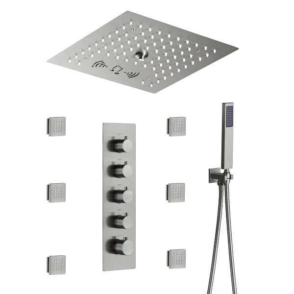 Cascada Luxury 12” Music LED shower system with built-in Bluetooth Speakers, 4 functions (Rainfall, Misty, Body jets & HandShower) & Remote Control 64 Color Lights cascada system LED bluetooth shower head speaker hot cold music rain rainfall musical lights showerhead body spray jet waterfall misty ceiling mounted handheld high pressure multicolor holder thermostatic chrome oil rubbed bronze mixer remote control