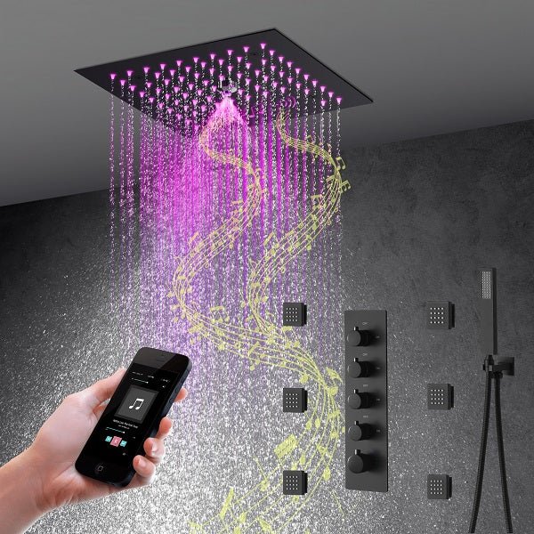 Cascada Luxury 12” Music LED shower system with built-in Bluetooth Speakers, 4 functions (Rainfall, Misty, Body jets & HandShower) & Remote Control 64 Color Lights cascada system LED bluetooth shower head speaker hot cold music rain rainfall musical lights showerhead body spray jet waterfall misty ceiling mounted handheld high pressure multicolor holder thermostatic chrome oil rubbed bronze mixer remote control