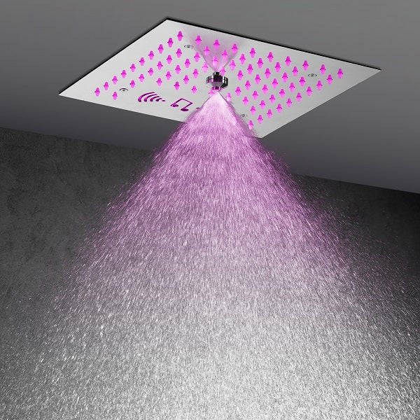 Cascada Luxury 12” Music LED shower system with built-in Bluetooth Speakers, 4 function (Rainfall, Misty, body jets & Hand Shower) & Remote Control 64 Color Lights cascada system LED bluetooth shower head speaker hot cold music rain rainfall musical light showerhead body spray jet waterfall misty ceiling mounted handheld high pressure thermostatic mixer holder black matte chrome oil rubbed bronze remote control