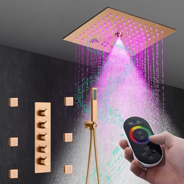 Cascada Luxury 12β Music LED shower system with built-in Bluetooth Speakers, 4 functions (Rainfall, Misty, Body jets & HandShower) & Remote Control 64 Color Lights cascada system LED bluetooth shower head speaker hot cold music rain rainfall musical lights showerhead body spray jet waterfall misty ceiling mounted handheld high pressure multicolor holder thermostatic chrome oil rubbed bronze mixer remote control
