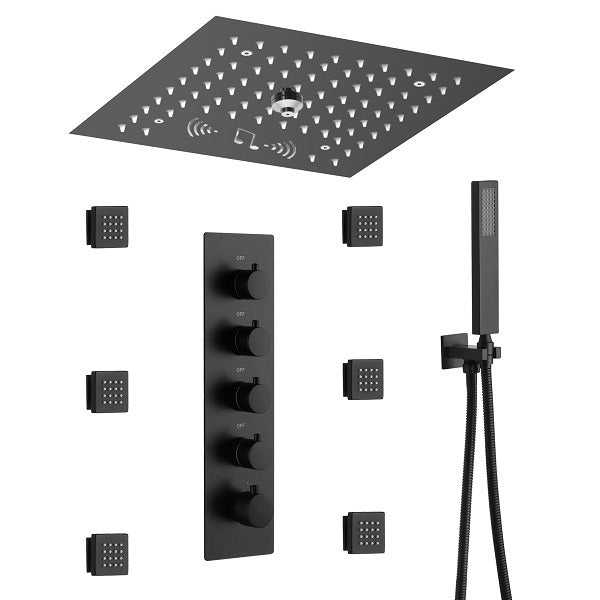 Cascada Luxury 12” Music LED shower system with built-in Bluetooth Speakers, 4 functions (Rainfall, Misty, Body jets & HandShower) & Remote Control 64 Color Lights cascada system LED bluetooth shower head speaker hot cold music rain rainfall musical lights showerhead body spray jet waterfall misty ceiling mounted handheld high pressure multicolor holder thermostatic chrome oil rubbed bronze mixer remote control