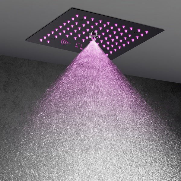 Cascada Luxury 12” Music LED shower system with built-in Bluetooth Speakers, 4 functions (Rainfall, Misty, Body jets & HandShower) & Remote Control 64 Color Lights cascada system LED bluetooth shower head speaker hot cold music rain rainfall musical lights showerhead body spray jet waterfall misty ceiling mounted handheld high pressure multicolor holder thermostatic chrome oil rubbed bronze mixer remote control
