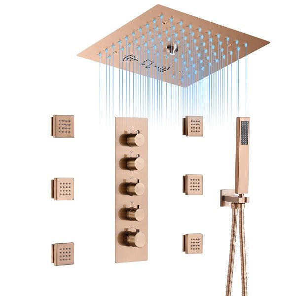 Cascada Luxury 12β Music LED shower system with built-in Bluetooth Speakers, 4 functions (Rainfall, Misty, Body jets & HandShower) & Remote Control 64 Color Lights cascada system LED bluetooth shower head speaker hot cold music rain rainfall musical lights showerhead body spray jet waterfall misty ceiling mounted handheld high pressure multicolor holder thermostatic chrome oil rubbed bronze mixer remote control