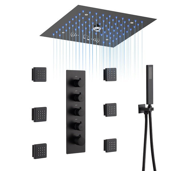 Cascada Luxury 12” Music LED shower system with built-in Bluetooth Speakers, 4 functions (Rainfall, Misty, Body jets & HandShower) & Remote Control 64 Color Lights cascada system LED bluetooth shower head speaker hot cold music rain rainfall musical lights showerhead body spray jet waterfall misty ceiling mounted handheld high pressure multicolor holder thermostatic chrome oil rubbed bronze mixer remote control