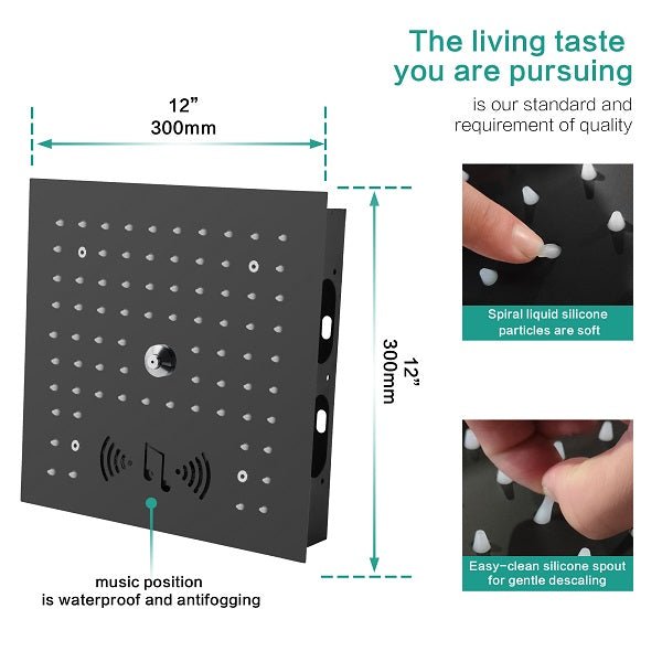 Cascada Luxury 12” Music LED shower system with built-in Bluetooth Speakers, 4 functions (Rainfall, Misty, Body jets & HandShower) & Remote Control 64 Color Lights cascada system LED bluetooth shower head speaker hot cold music rain rainfall musical lights showerhead body spray jet waterfall misty ceiling mounted handheld high pressure multicolor holder thermostatic chrome oil rubbed bronze mixer remote control