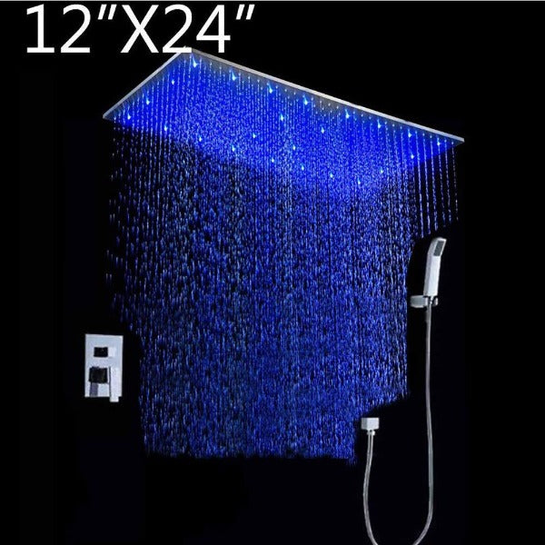 12"x24" Rainfall LED Shower Set Double-Function Valve, Brass Handheld Shower showerhead system rain head shower handheld set complete led bathroom waterfall heads light rainfall Thermostatic 6 Massage Jets Spray Body Shower Set for lights bathroom set Antique Brushed Brass Finish color change wall complete shower set bathroom rainfall shower head with handheld
