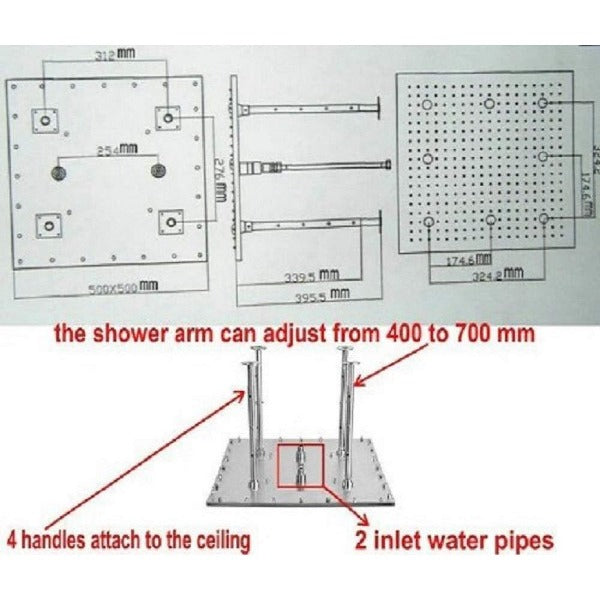12"x24" Rainfall LED Shower Set Double-Function Valve, Brass Handheld Shower showerhead system rain head shower handheld set complete led bathroom waterfall heads light rainfall Thermostatic 6 Massage Jets Spray Body Shower Set for lights bathroom set Antique Brushed Brass Finish color change wall complete shower set bathroom rainfall shower head with handheld