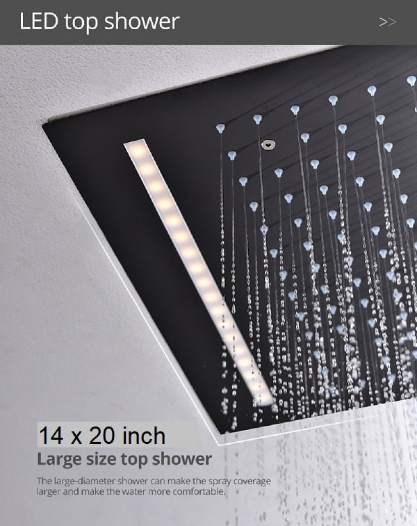 Cascada Luxury 14" x 20" Square Ceiling Mounted LED Shower System With 2-Way Thermostatic Valve (3 knobs), 2 Mode Function (Rainfall & Handheld Shower) shower head with handheld rain White LED & NON LED rainfall 3 valve handle shower heads high pressure black hand held system holder matte fixtures gold kit chrome oil rubbed bronze mixer modern ceiling mount 2 way thermostatic square showers system