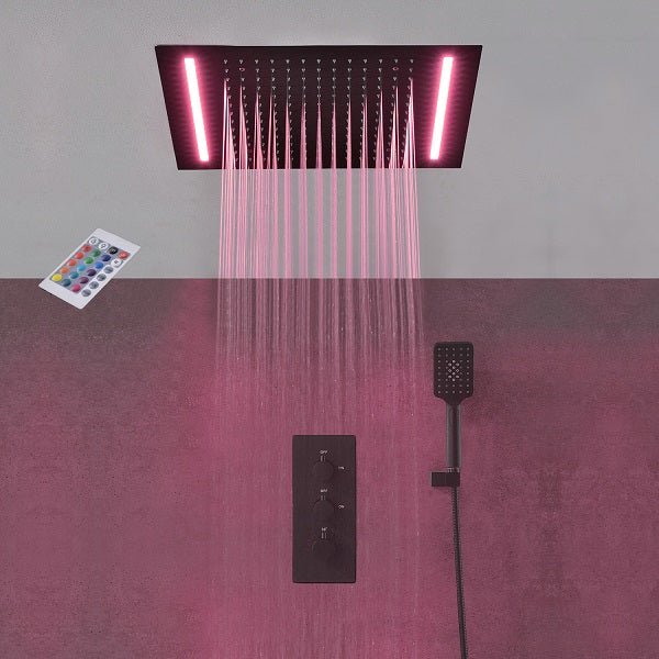 Cascada Luxury 14" x 20" Square Ceiling Mounted LED Shower System With 2-Way Thermostatic Valve (3 knobs), 2 Mode Function (Rainfall & Handheld Shower) shower head with handheld rain White LED & NON LED rainfall 3 valve handle shower heads high pressure black hand held system holder matte fixtures gold kit chrome oil rubbed bronze mixer modern ceiling mount 2 way thermostatic square showers system