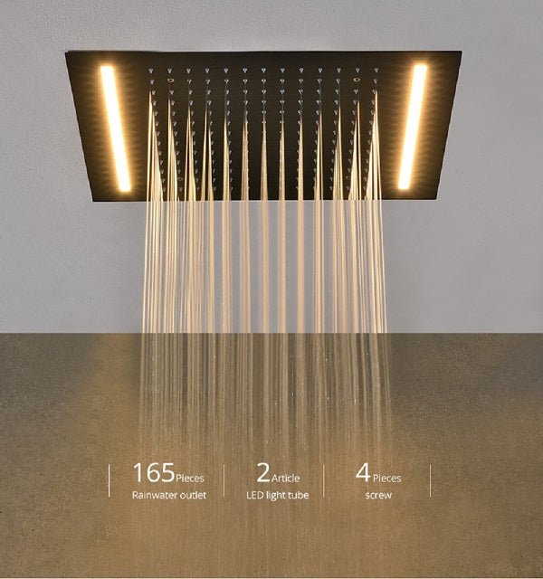 Cascada Luxury 14" x 20" Square Ceiling Mounted LED Shower System With 2-Way Thermostatic Valve (3 knobs), 2 Mode Function (Rainfall & Handheld Shower) shower head with handheld rain White LED & NON LED rainfall 3 valve handle shower heads high pressure black hand held system holder matte fixtures gold kit chrome oil rubbed bronze mixer modern ceiling mount 2 way thermostatic square showers system