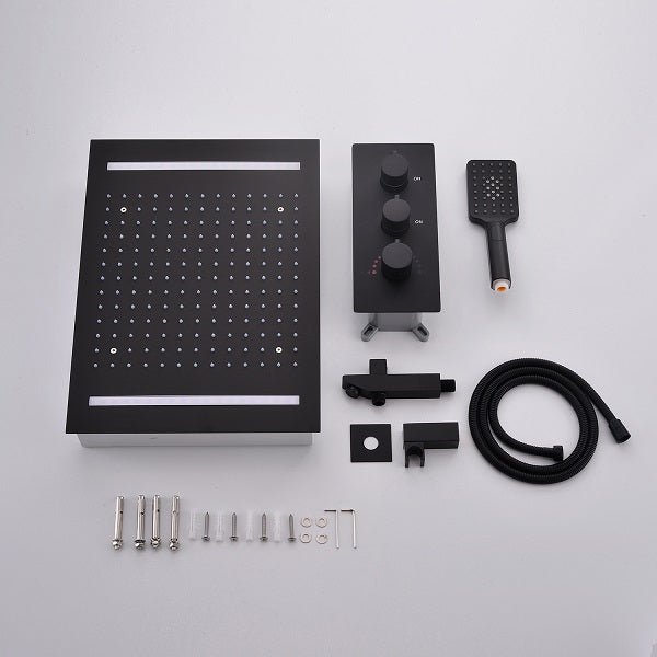 Cascada Luxury 14" x 20" Square Ceiling Mounted LED Shower System With 2-Way Thermostatic Valve (3 knobs), 2 Mode Function (Rainfall & Handheld Shower) shower head with handheld rain White LED & NON LED rainfall 3 valve handle shower heads high pressure black hand held system holder matte fixtures gold kit chrome oil rubbed bronze mixer modern ceiling mount 2 way thermostatic square showers system
