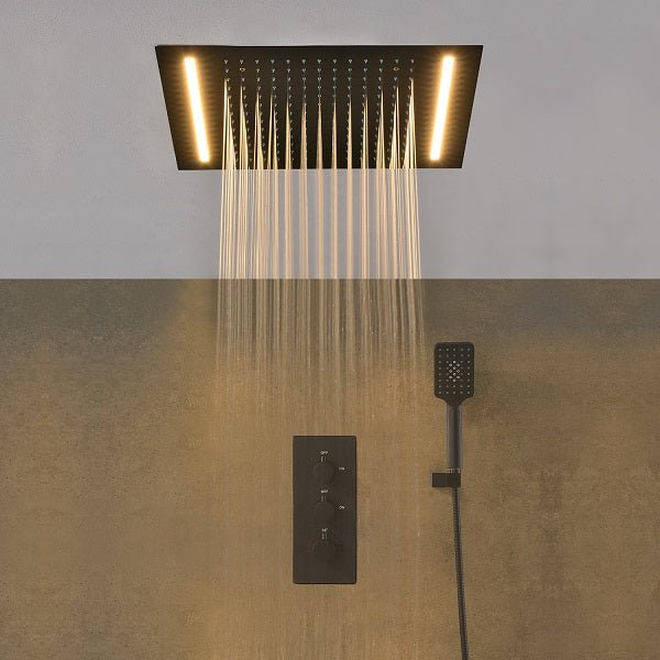 Cascada Luxury 14" x 20" Square Ceiling Mounted LED Shower System With 2-Way Thermostatic Valve (3 knobs), 2 Mode Function (Rainfall & Handheld Shower) shower head with handheld rain White LED & NON LED rainfall 3 valve handle shower heads high pressure black hand held system holder matte fixtures gold kit chrome oil rubbed bronze mixer modern ceiling mount 2 way thermostatic square showers system