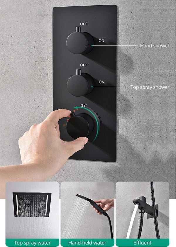 Cascada Luxury 14" x 20" Square Ceiling Mounted LED Shower System With 2-Way Thermostatic Valve (3 knobs), 2 Mode Function (Rainfall & Handheld Shower) shower head with handheld rain White LED & NON LED rainfall 3 valve handle shower heads high pressure black hand held system holder matte fixtures gold kit chrome oil rubbed bronze mixer modern ceiling mount 2 way thermostatic square showers system