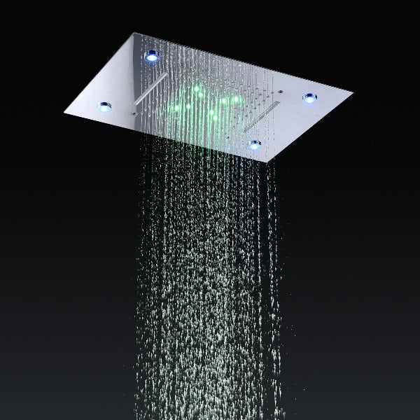 waterfall shower head, rainfall shower head, waterfall showerhead, waterfall shower heads, shower head waterfall, shower head with waterfall, water fall shower head, waterfall rain shower head, recessed shower head, rainfall waterfall shower head, waterfall shower, rain waterfall shower head, recessed rain shower head, and rainfall showerhead. Cascada Luxurious 14" x 20" Large Multicolor LED Shower Head with Color Changing Remote Controller