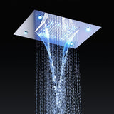 waterfall shower head, rainfall shower head, waterfall showerhead, waterfall shower heads, shower head waterfall, shower head with waterfall, water fall shower head, waterfall rain shower head, recessed shower head, rainfall waterfall shower head, waterfall shower, rain waterfall shower head, recessed rain shower head, and rainfall showerhead. Cascada Luxurious 14" x 20" Large Multicolor LED Shower Head with Color Changing Remote Controller