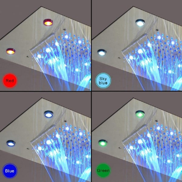 waterfall shower head, rainfall shower head, waterfall showerhead, waterfall shower heads, shower head waterfall, shower head with waterfall, water fall shower head, waterfall rain shower head, recessed shower head, rainfall waterfall shower head, waterfall shower, rain waterfall shower head, recessed rain shower head, and rainfall showerhead. Cascada Luxurious 14" x 20" Large Multicolor LED Shower Head with Color Changing Remote Controller