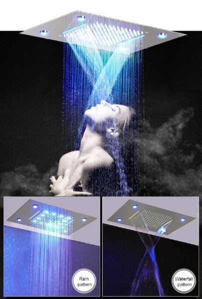 waterfall shower head, rainfall shower head, waterfall showerhead, waterfall shower heads, shower head waterfall, shower head with waterfall, water fall shower head, waterfall rain shower head, recessed shower head, rainfall waterfall shower head, waterfall shower, rain waterfall shower head, recessed rain shower head, and rainfall showerhead. Cascada Luxurious 14" x 20" Large Multicolor LED Shower Head with Color Changing Remote Controller
