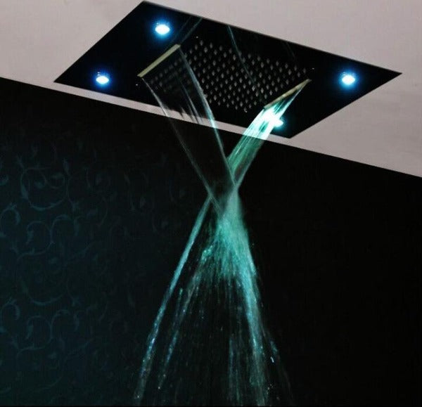 waterfall shower head, rainfall shower head, waterfall showerhead, waterfall shower heads, shower head waterfall, shower head with waterfall, water fall shower head, waterfall rain shower head, recessed shower head, rainfall waterfall shower head, waterfall shower, rain waterfall shower head, recessed rain shower head, and rainfall showerhead. Cascada Luxurious 14" x 20" Large Multicolor LED Shower Head with Color Changing Remote Controller