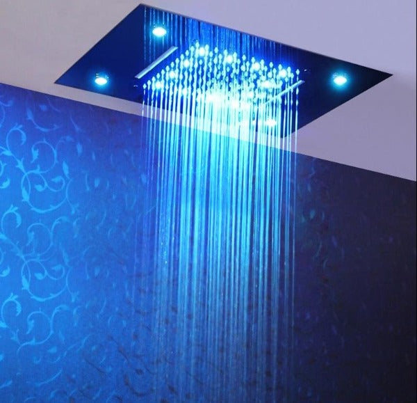 waterfall shower head, rainfall shower head, waterfall showerhead, waterfall shower heads, shower head waterfall, shower head with waterfall, water fall shower head, waterfall rain shower head, recessed shower head, rainfall waterfall shower head, waterfall shower, rain waterfall shower head, recessed rain shower head, and rainfall showerhead. Cascada Luxurious 14" x 20" Large Multicolor LED Shower Head with Color Changing Remote Controller