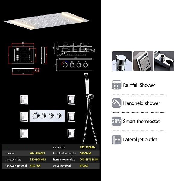 Cascada Luxury 14" x 20" Recessed LED Shower System With 3-Way Thermostatic Valve(4 knob),3 Mode Function(Rainfall, 6 Massage Jets Set & HandShower) shower head with handheld rain White LED rainfall dual 4 handle shower heads high pressure black hand held system holder waterfall matte fixtures gold kit chrome oil rubbed bronze mixer modern ceiling mount 3 way thermostatic square showers system