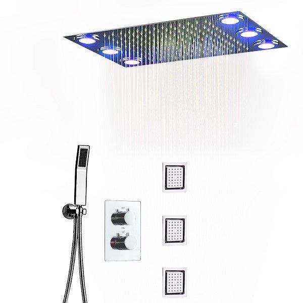 14"x20" Rectangle Ceiling Mounted LED Shower System - Cascada Showers Cascada Luxury 14" x 20" Rectangle Ceiling Mounted LED Shower System With 3-Way Thermostatic Valve (dual handle), 3 Massage Jets Spray Body Shower Set & Remote Control App shower head with handheld rain LED rainfall dual valve handle shower heads high pressure black hand held system holder 3 jet body spray matte fixture gold kit chrome oil rubbed bronze mixer modern ceiling mount 3 way thermostatic square shower system