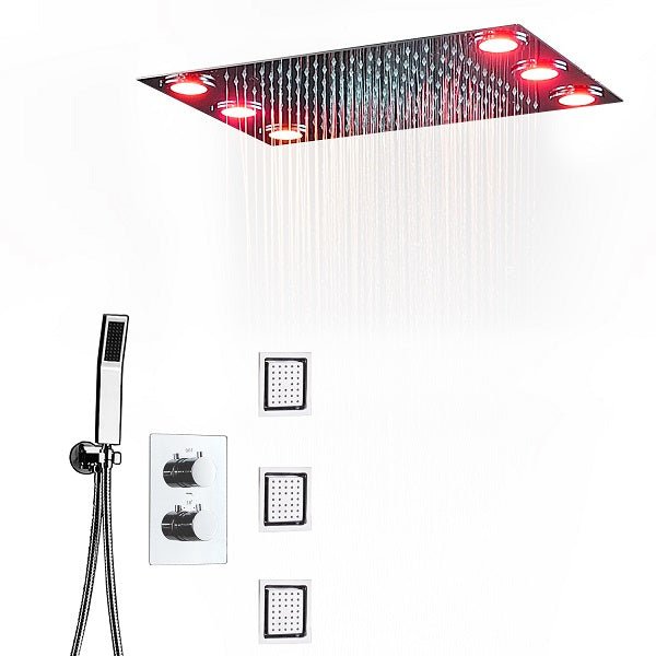 14"x20" Rectangle Ceiling Mounted LED Shower System - Cascada Showers Cascada Luxury 14" x 20" Rectangle Ceiling Mounted LED Shower System With 3-Way Thermostatic Valve (dual handle), 3 Massage Jets Spray Body Shower Set & Remote Control App shower head with handheld rain LED rainfall dual valve handle shower heads high pressure black hand held system holder 3 jet body spray matte fixture gold kit chrome oil rubbed bronze mixer modern ceiling mount 3 way thermostatic square shower system