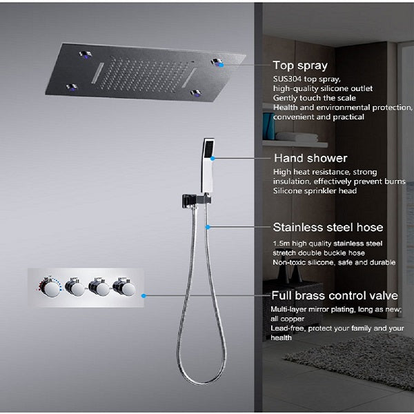 Cascada Luxury 14" x 20" Square Ceiling Mounted LED Shower System With 3-Way Thermostatic Valve (4 knobs),3 Mode Function (Rainfall, Waterfall & Handheld Shower) & Remote Control App shower head with handheld rain LED rainfall four valve handle shower heads high pressure black hand held system holder waterfall rainfall mix matte gold kit chrome oil rubbed bronze mixer modern ceiling mount 3 way thermostatic square showers systems