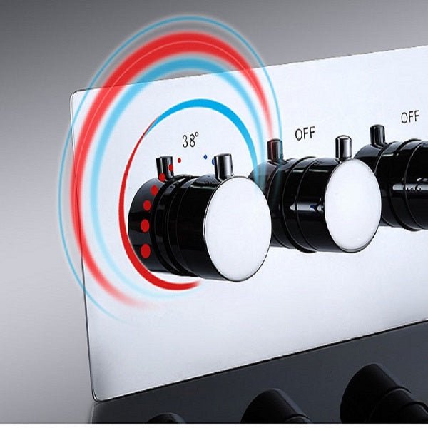 Cascada Luxury 14" x 20" Square Ceiling Mounted LED Shower System With 3-Way Thermostatic Valve (4 knobs),3 Mode Function (Rainfall, Waterfall & Handheld Shower) & Remote Control App shower head with handheld rain LED rainfall four valve handle shower heads high pressure black hand held system holder waterfall rainfall mix matte gold kit chrome oil rubbed bronze mixer modern ceiling mount 3 way thermostatic square showers systems