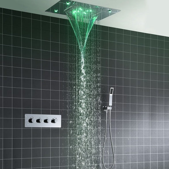 Cascada Luxury 14" x 20" Square Ceiling Mounted LED Shower System With 3-Way Thermostatic Valve (4 knobs),3 Mode Function (Rainfall, Waterfall & Handheld Shower) & Remote Control App shower head with handheld rain LED rainfall four valve handle shower heads high pressure black hand held system holder waterfall rainfall mix matte gold kit chrome oil rubbed bronze mixer modern ceiling mount 3 way thermostatic square showers systems