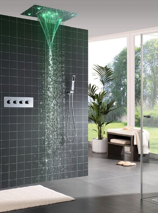 Cascada Luxury 14" x 20" Square Ceiling Mounted LED Shower System With 3-Way Thermostatic Valve (4 knobs),3 Mode Function (Rainfall, Waterfall & Handheld Shower) & Remote Control App shower head with handheld rain LED rainfall four valve handle shower heads high pressure black hand held system holder waterfall rainfall mix matte gold kit chrome oil rubbed bronze mixer modern ceiling mount 3 way thermostatic square showers systems