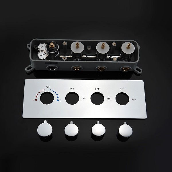 Cascada Luxury 14" x 20" Square Ceiling Mounted LED Shower System With 3-Way Thermostatic Valve (4 knobs),3 Mode Function (Rainfall, Waterfall & Handheld Shower) & Remote Control App shower head with handheld rain LED rainfall four valve handle shower heads high pressure black hand held system holder waterfall rainfall mix matte gold kit chrome oil rubbed bronze mixer modern ceiling mount 3 way thermostatic square showers systems