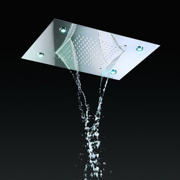 Cascada Luxury 14" x 20" Square Ceiling Mounted LED Shower System With 3-Way Thermostatic Valve (4 knobs),3 Mode Function (Rainfall, Waterfall & Handheld Shower) & Remote Control App shower head with handheld rain LED rainfall four valve handle shower heads high pressure black hand held system holder waterfall rainfall mix matte gold kit chrome oil rubbed bronze mixer modern ceiling mount 3 way thermostatic square showers systems