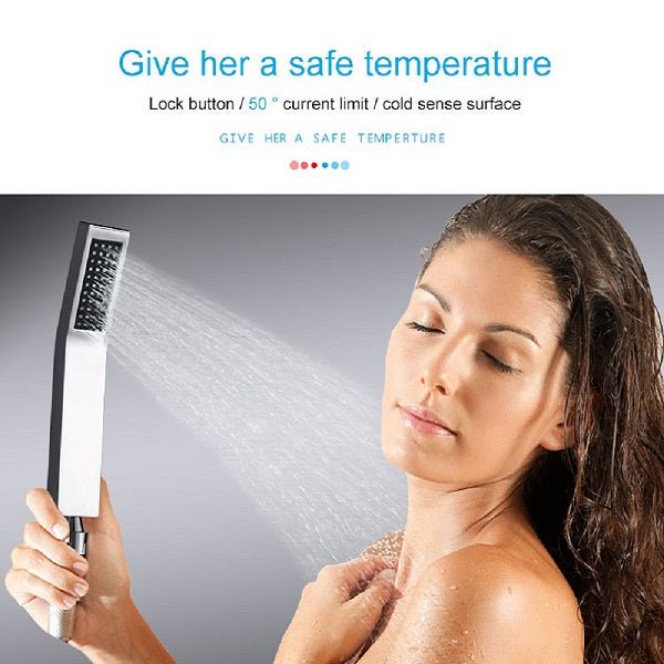 Cascada Luxury 14" x 20" Square Ceiling Mounted LED Shower System With 3-Way Thermostatic Valve (4 knobs),3 Mode Function (Rainfall, Waterfall & Handheld Shower) & Remote Control App shower head with handheld rain LED rainfall four valve handle shower heads high pressure black hand held system holder waterfall rainfall mix matte gold kit chrome oil rubbed bronze mixer modern ceiling mount 3 way thermostatic square showers systems