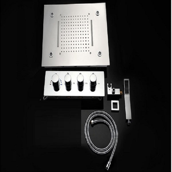 Cascada Luxury 14" x 20" Square Ceiling Mounted LED Shower System With 3-Way Thermostatic Valve (4 knobs),3 Mode Function (Rainfall, Waterfall & Handheld Shower) & Remote Control App shower head with handheld rain LED rainfall four valve handle shower heads high pressure black hand held system holder waterfall rainfall mix matte gold kit chrome oil rubbed bronze mixer modern ceiling mount 3 way thermostatic square showers systems