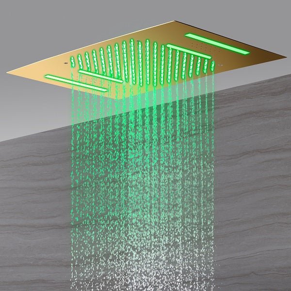 Cascada Luxury 15” x 23” LED Music shower system with built-in Bluetooth Speakers, 4 function (Rainfall, Waterfall, Body jet & Handshower) & Remote Control 64 Color Lights cascada system LED bluetooth shower head speaker hot cold music rain rainfall musical lights showerhead body spray jets waterfall misty ceiling mounted handheld high pressure multicolor holder matte black chrome oil rubbed bronze mixer remote control