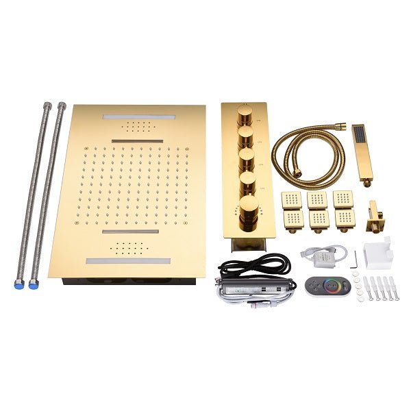 Cascada Luxury 15” x 23” LED Music shower system with built-in Bluetooth Speakers, 4 function (Rainfall, Waterfall, Body jet & Handshower) & Remote Control 64 Color Lights cascada system LED bluetooth shower head speaker hot cold music rain rainfall musical lights showerhead body spray jets waterfall misty ceiling mounted handheld high pressure multicolor holder matte black chrome oil rubbed bronze mixer remote control