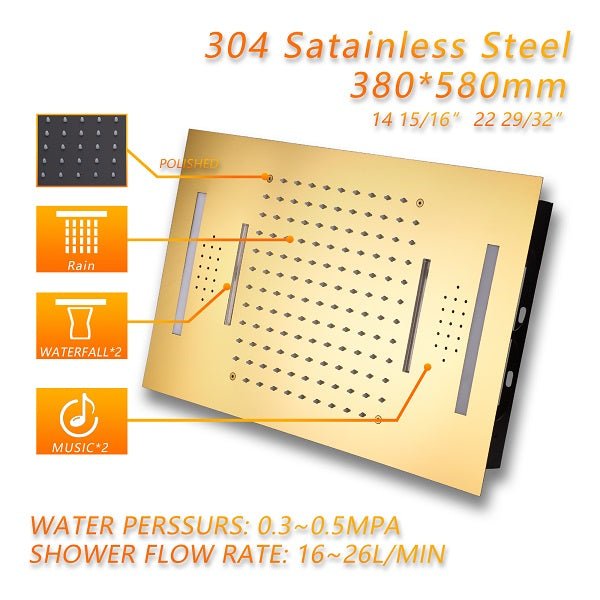 Cascada Luxury 15” x 23” LED Music shower system with built-in Bluetooth Speakers, 4 function (Rainfall, Waterfall, Body jet & Handshower) & Remote Control 64 Color Lights cascada system LED bluetooth shower head speaker hot cold music rain rainfall musical lights showerhead body spray jets waterfall misty ceiling mounted handheld high pressure multicolor holder matte black chrome oil rubbed bronze mixer remote control