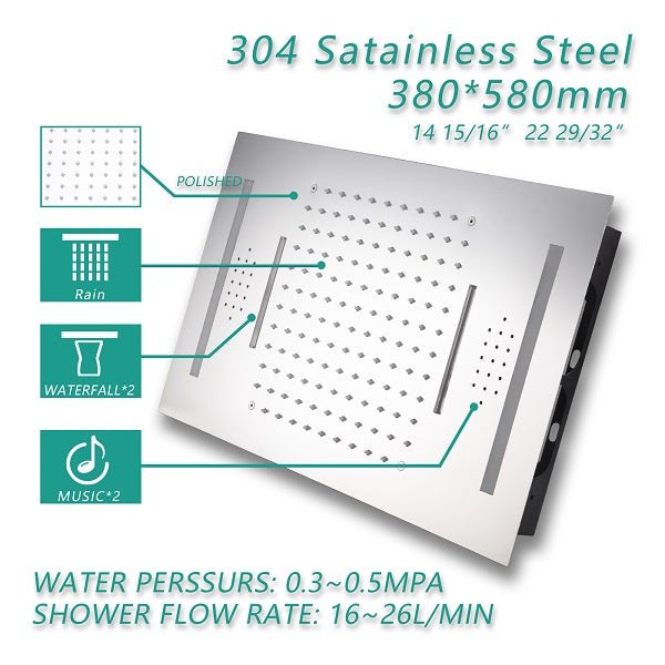Dimension of Cascada Luxury 15” x 23” LED Music Shower System