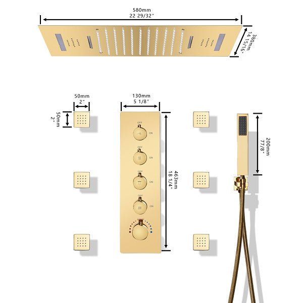 Cascada Luxury 15” x 23” LED Music shower system with built-in Bluetooth Speakers, 4 function (Rainfall, Waterfall, Body jet & Handshower) & Remote Control 64 Color Lights cascada system LED bluetooth shower head speaker hot cold music rain rainfall musical lights showerhead body spray jets waterfall misty ceiling mounted handheld high pressure multicolor holder matte black chrome oil rubbed bronze mixer remote control