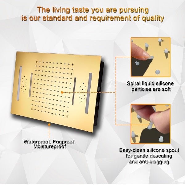 Cascada Luxury 15” x 23” LED Music shower system with built-in Bluetooth Speakers, 4 function (Rainfall, Waterfall, Body jet & Handshower) & Remote Control 64 Color Lights cascada system LED bluetooth shower head speaker hot cold music rain rainfall musical lights showerhead body spray jets waterfall misty ceiling mounted handheld high pressure multicolor holder matte black chrome oil rubbed bronze mixer remote control