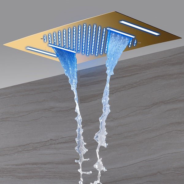 Cascada Luxury 15” x 23” LED Music shower system with built-in Bluetooth Speakers, 4 function (Rainfall, Waterfall, Body jet & Handshower) & Remote Control 64 Color Lights cascada system LED bluetooth shower head speaker hot cold music rain rainfall musical lights showerhead body spray jets waterfall misty ceiling mounted handheld high pressure multicolor holder matte black chrome oil rubbed bronze mixer remote control