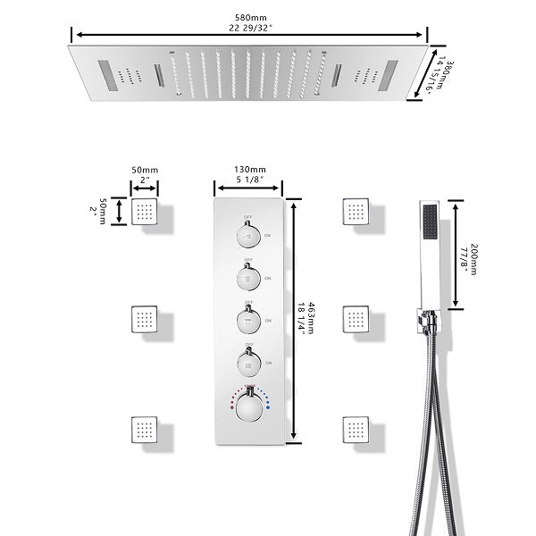 Technical details and dimension of Cascada Luxury 15” x 23” LED Music shower system with built-in Bluetooth Speakers, 4 function (Rainfall, Waterfall, Body jet & Handshower) & Remote Control 64 Color Lights cascada system LED bluetooth shower head speaker hot cold music rain rainfall musical lights showerhead body spray jets waterfall misty ceiling mounted handheld high pressure multicolor holder matte black chrome oil rubbed bronze mixer remote control