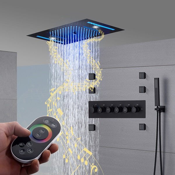 Cascada Luxury 23”x15” Music LED shower system with built-in Bluetooth Speakers,5 function (Rainfall,Waterfall,Misty,body jets & HandShower) & Remote Control 64 Color Lights cascada system LED bluetooth shower head speaker hot cold music rain rainfall musical light showerhead body spray jet waterfall misty ceiling mounted handheld high pressure thermostatic mixer holder black matte chrome oil rubbed bronze remote control