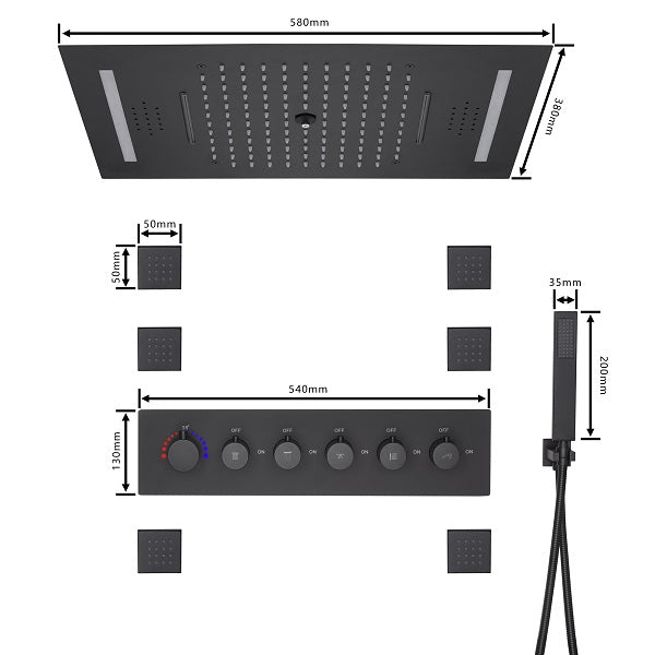 Cascada Luxury 23”x15” Music LED shower system with built-in Bluetooth Speakers,5 function (Rainfall,Waterfall,Misty,body jets & HandShower) & Remote Control 64 Color Lights cascada system LED bluetooth shower head speaker hot cold music rain rainfall musical light showerhead body spray jet waterfall misty ceiling mounted handheld high pressure thermostatic mixer holder black matte chrome oil rubbed bronze remote control