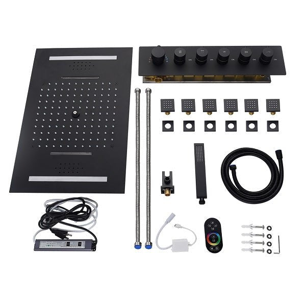 Cascada Luxury 23”x15” Music LED shower system with built-in Bluetooth Speakers,5 function (Rainfall,Waterfall,Misty,body jets & HandShower) & Remote Control 64 Color Lights cascada system LED bluetooth shower head speaker hot cold music rain rainfall musical light showerhead body spray jet waterfall misty ceiling mounted handheld high pressure thermostatic mixer holder black matte chrome oil rubbed bronze remote control