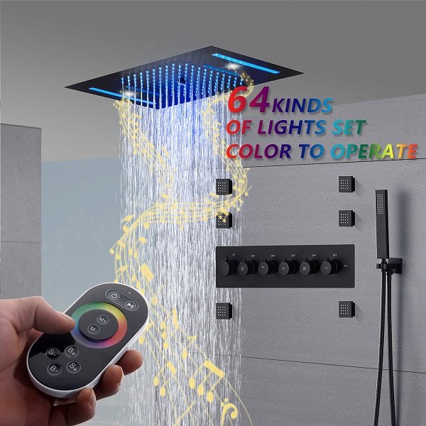 Cascada Luxury 23”x15” Music LED shower system with built-in Bluetooth Speakers,5 function (Rainfall,Waterfall,Misty,body jets & HandShower) & Remote Control 64 Color Lights cascada system LED bluetooth shower head speaker hot cold music rain rainfall musical light showerhead body spray jet waterfall misty ceiling mounted handheld high pressure thermostatic mixer holder black matte chrome oil rubbed bronze remote control