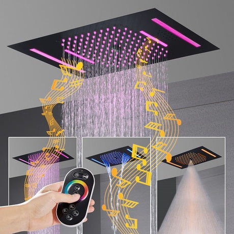 Cascada Luxury 23”x15” Music LED shower system with built-in Bluetooth Speakers,5 function (Rainfall,Waterfall,Misty,body jets & HandShower) & Remote Control 64 Color Lights cascada system LED bluetooth shower head speaker hot cold music rain rainfall musical light showerhead body spray jet waterfall misty ceiling mounted handheld high pressure thermostatic mixer holder black matte chrome oil rubbed bronze remote control